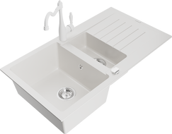 Mexen Matias granite sink 1.5-bowl with drainer and Carla kitchen tap, white - 6502-20-670700-20