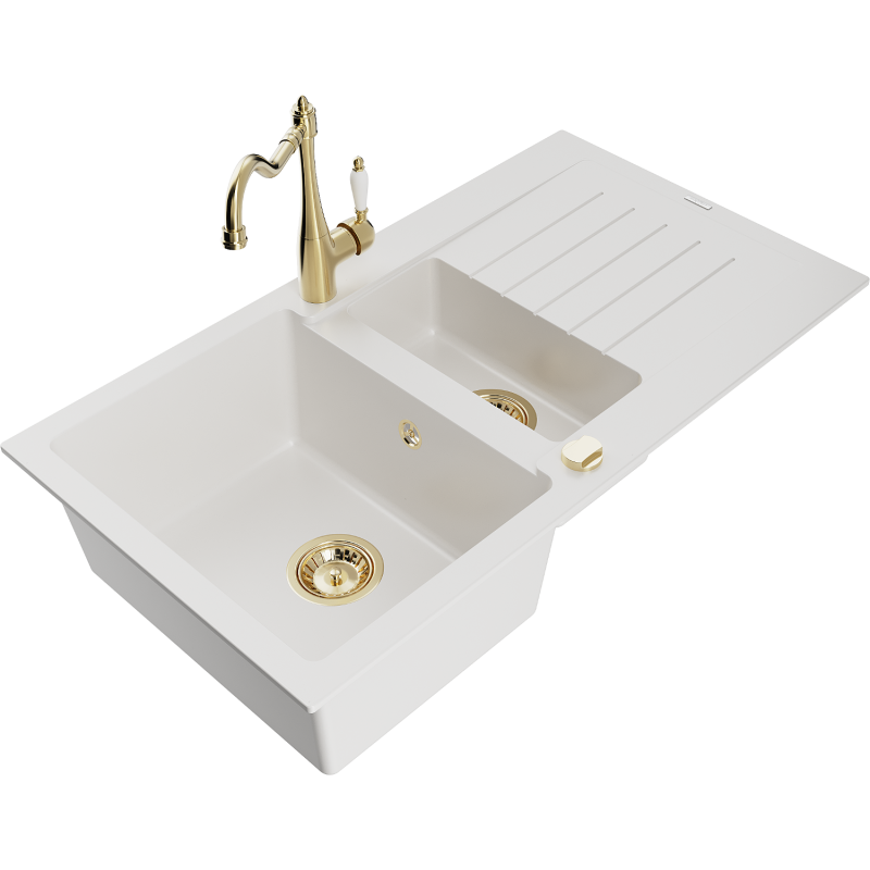 Mexen Matias fregadero de granito de 1,5 senos con escurridor y grifo de cocina Carla, blanco - 6502-20-670700-50