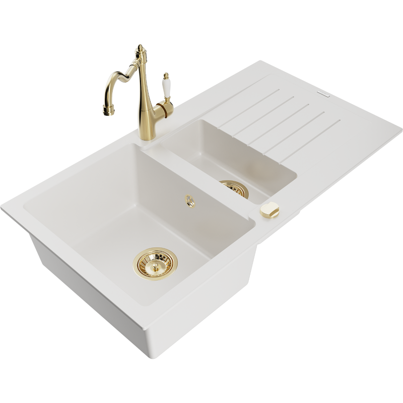 Mexen Matias lava-louça de granito 1,5-bacia com escorredor e torneira de cozinha Carla, branco - 6502-20-670700-50