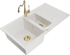 Mexen Matias granite sink 1.5-bowl with drainer and Carla kitchen tap, white - 6502-20-670700-50