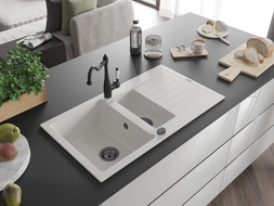 Mexen Matias granite sink 1.5-bowl with drainer and Carla kitchen tap, white - 6502-20-670700-70