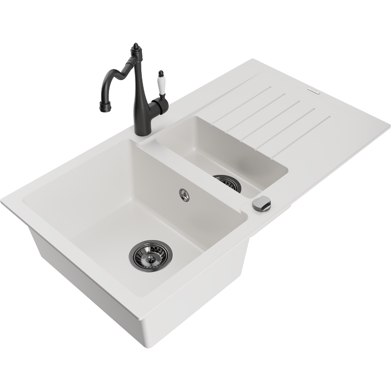 Mexen Matias granite sink 1.5-bowl with drainer and Carla kitchen tap, white - 6502-20-670700-70