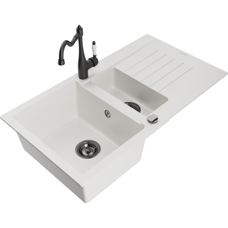 Mexen Matias granite sink 1.5-bowl with drainer and Carla kitchen tap, white - 6502-20-670700-70