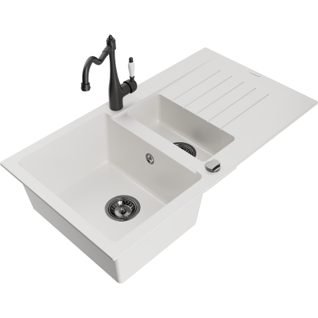 Mexen Matias lava-loiça de granito 1,5-cuba com escorredor e torneira de cozinha Carla, branco - 6502-20-670700-70