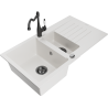 Mexen Matias granite sink 1.5-bowl with drainer and Carla kitchen tap, white - 6502-20-670700-70
