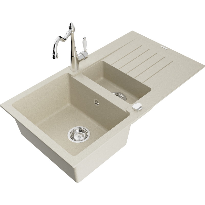 Mexen Matias évier en granit 1,5-cuves avec égouttoir et robinet de cuisine Carla, beige - 6502-69-670700-00