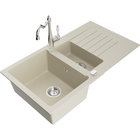Mexen Matias évier en granit 1,5 bac avec égouttoir et robinet de cuisine Carla, beige - 6502-69-670700-00