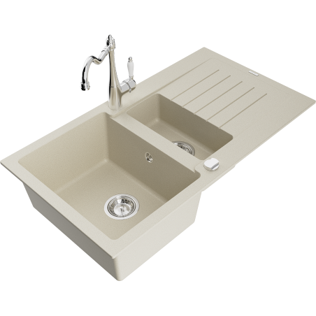 Mexen Matias Granitspüle 1,5-Becken mit Abtropffläche und Küchenarmatur Carla, beige - 6502-69-670700-00
