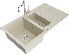 Mexen Matias Granitspüle 1,5-Becken mit Abtropffläche und Küchenarmatur Carla, beige - 6502-69-670700-00