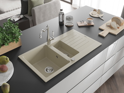 Mexen Matias granite sink 1.5-bowl with drainer and Carla kitchen tap, beige - 6502-69-670700-00