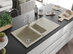 Mexen Matias Granitspüle 1,5-Becken mit Abtropffläche und Küchenarmatur Carla, beige - 6502-69-670700-00