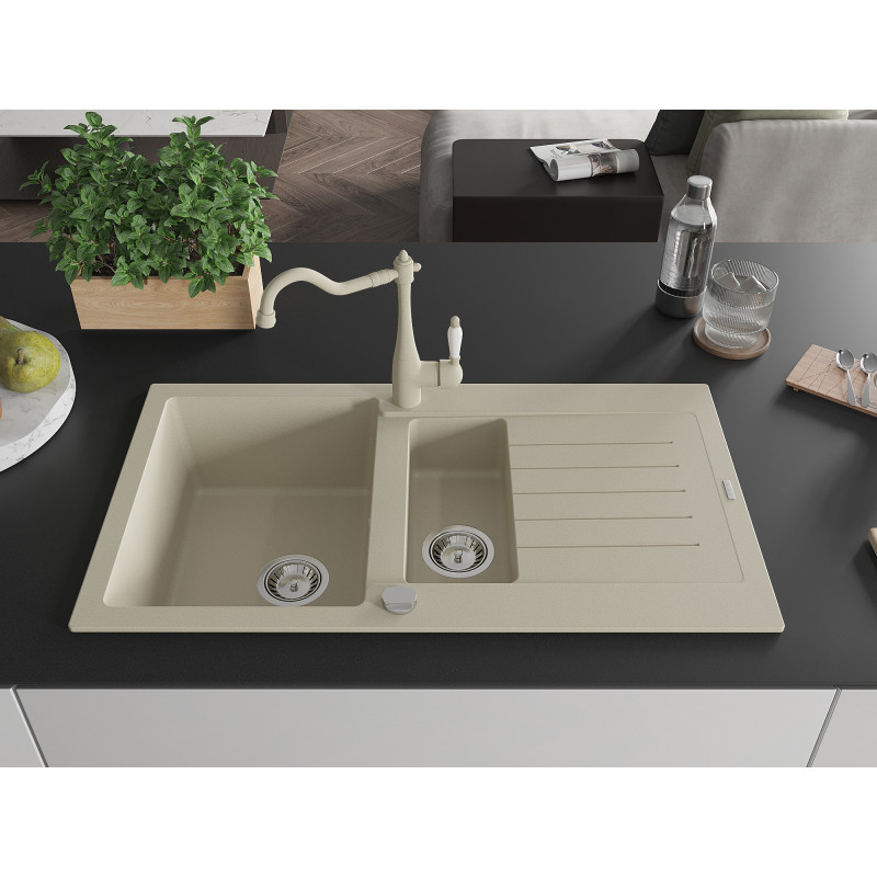 Mexen Matias fregadero de granito de 1,5 senos con escurridor y grifo de cocina Carla, beige - 6502-69-670700-69