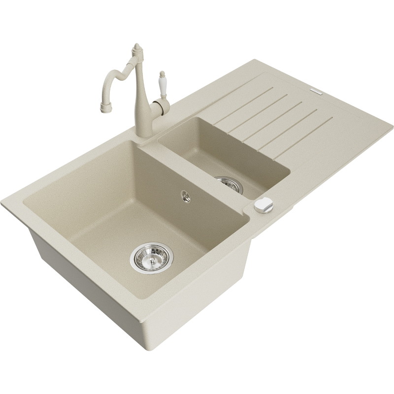 Mexen Matias fregadero de granito de 1,5 cubetas con escurridor y grifo de cocina Carla, beige - 6502-69-670700-69