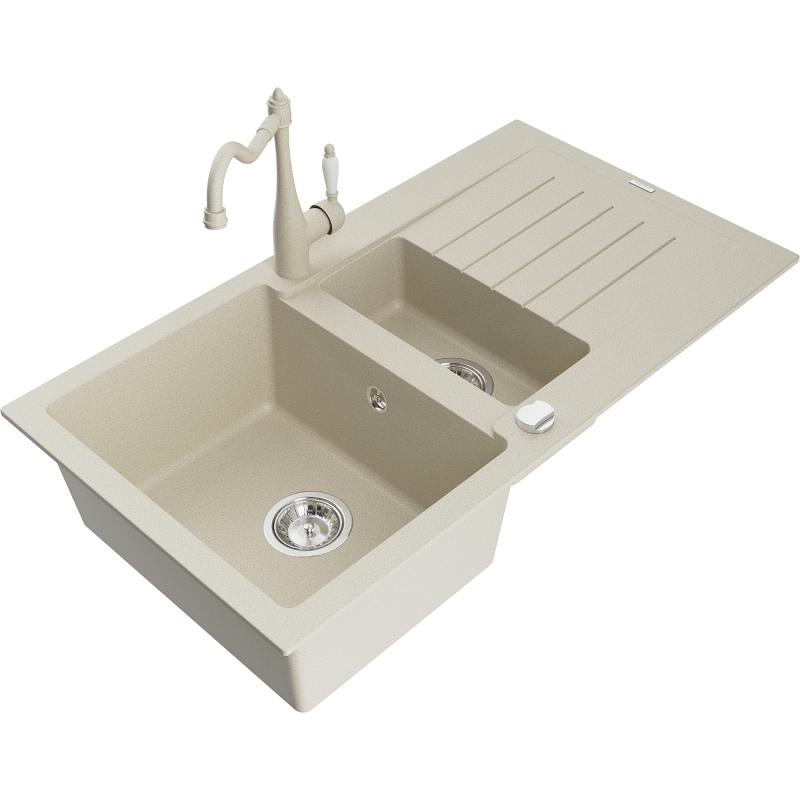 Mexen Matias fregadero de granito de 1,5 senos con escurridor y grifo de cocina Carla, beige - 6502-69-670700-69