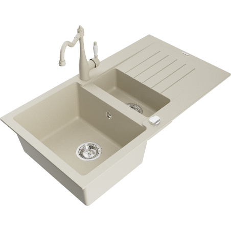 Mexen Matias 1.5-bowl granite sink with drainer and Carla kitchen tap, beige - 6502-69-670700-69