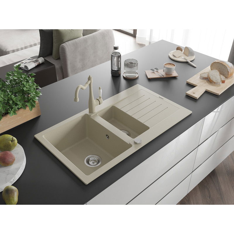 Mexen Matias lavello in granito 1,5 vasche con scolapiatti e miscelatore da cucina Carla, beige - 6502-69-670700-69