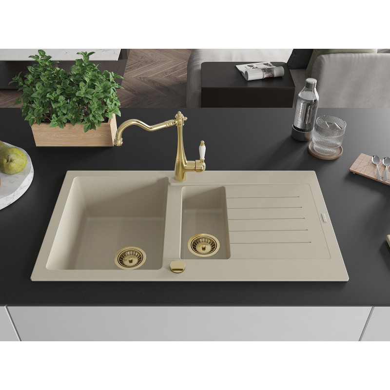 Mexen Matias fregadero de granito de 1,5 senos con escurridor y grifo de cocina Carla, beige - 6502-69-670700-50