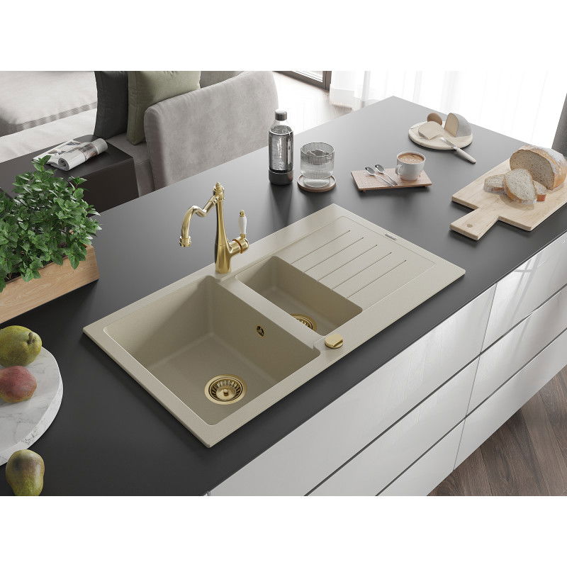 Mexen Matias fregadero de granito de 1,5 compartimentos con escurridor y grifo de cocina Carla, beige - 6502-69-670700-50