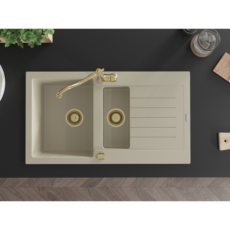 Mexen Matias fregadero de granito de 1,5 senos con escurridor y grifo de cocina Carla, beige - 6502-69-670700-50