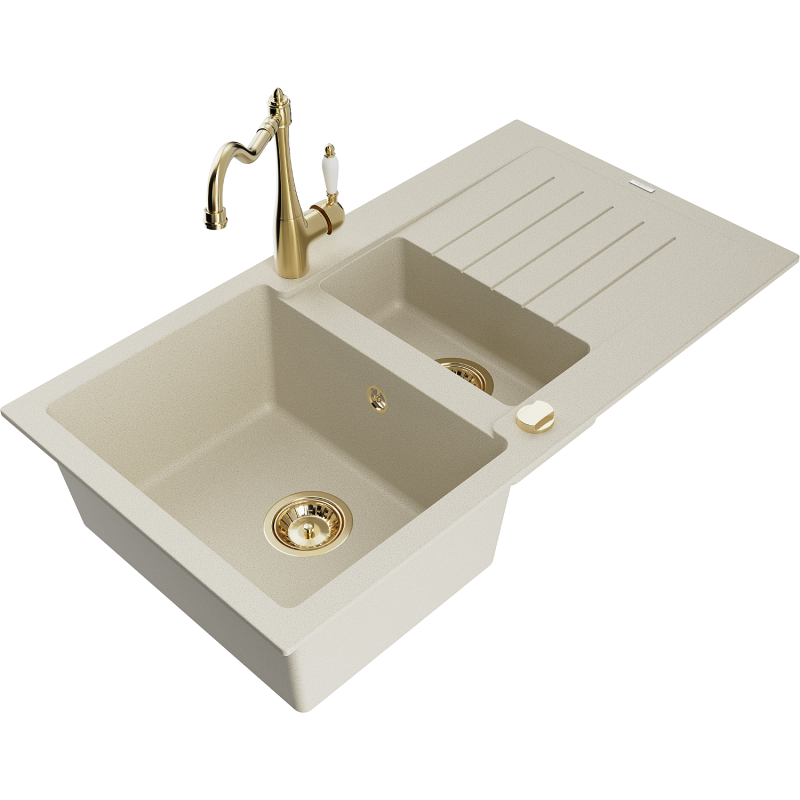 Mexen Matias fregadero de granito de 1,5 compartimentos con escurridor y grifo de cocina Carla, beige - 6502-69-670700-50
