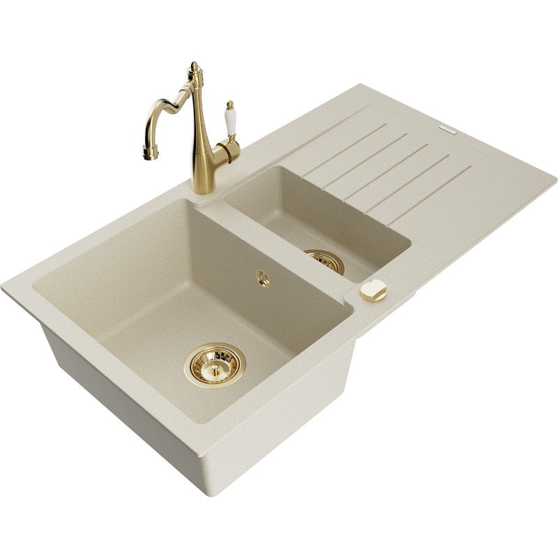 Mexen Matias lavello in granito 1,5 vasche con sgocciolatoio e rubinetto cucina Carla, beige - 6502-69-670700-50