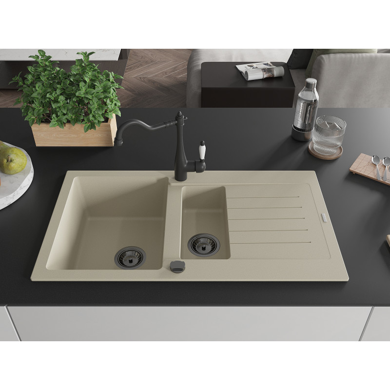 Mexen Matias Granitspüle 1,5-Becken mit Abtropffläche und Küchenarmatur Carla, beige - 6502-69-670700-70