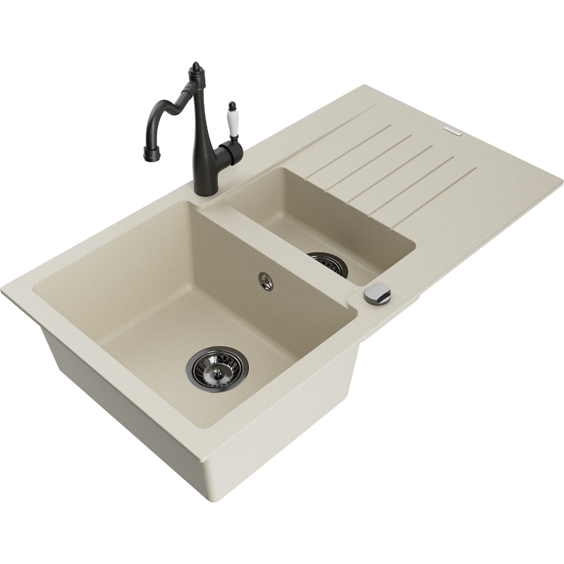 Mexen Matias fregadero de granito de 1,5 senos con escurridor y grifo de cocina Carla, beige - 6502-69-670700-70