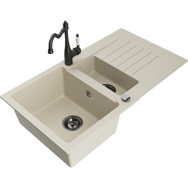 Mexen Matias lavello in granito 1,5 vasche con sgocciolatoio e miscelatore da cucina Carla, beige - 6502-69-670700-70