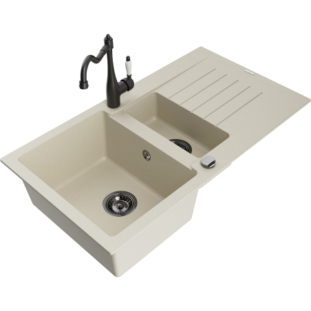 Mexen Matias Granitspüle 1,5-Becken mit Abtropffläche und Küchenarmatur Carla, beige - 6502-69-670700-70