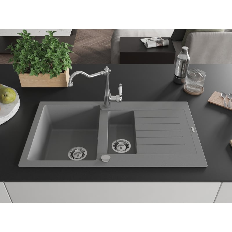 Mexen Matias granite sink 1.5-bowl with drainer and Carla kitchen faucet, gray - 6502-71-670700-00