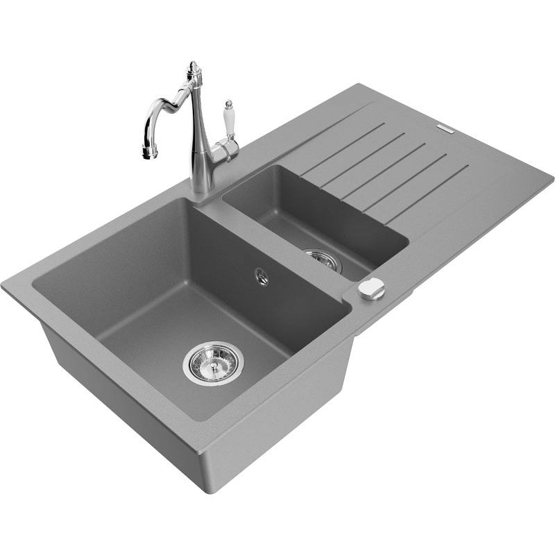Mexen Matias fregadero de granito 1,5 senos con escurridor y grifo de cocina Carla, gris - 6502-71-670700-00