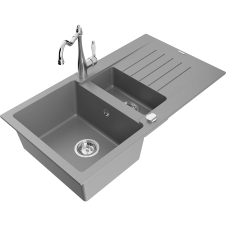 Mexen Matias fregadero de granito 1,5 senos con escurridor y grifo de cocina Carla, gris - 6502-71-670700-00