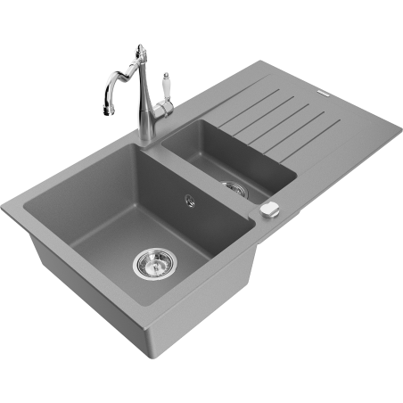 Mexen Matias granite sink 1.5-bowl with drainer and Carla kitchen faucet, gray - 6502-71-670700-00