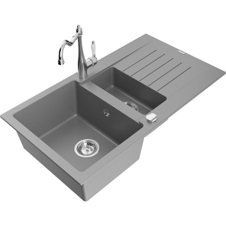 Mexen Matias granite sink 1.5-bowl with drainer and Carla kitchen tap, grey - 6502-71-670700-00