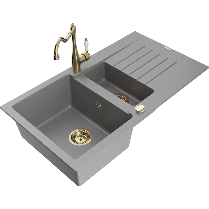 Mexen Matias évier en granit 1,5 bac avec égouttoir et robinet de cuisine Carla, gris - 6502-71-670700-50