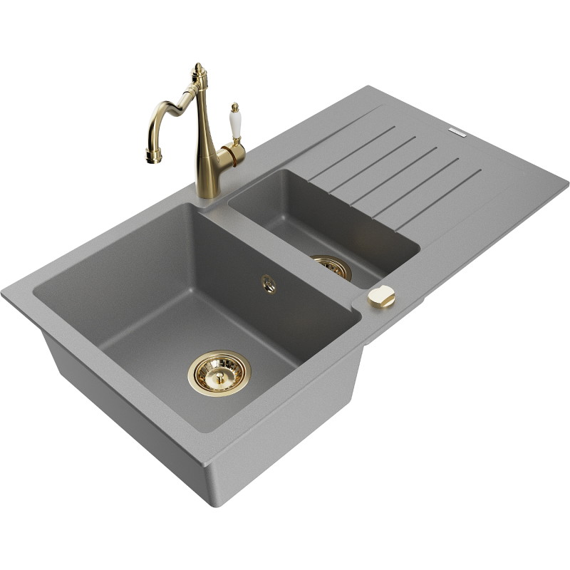 Mexen Matias fregadero de granito de 1,5 senos con escurridor y grifo de cocina Carla, gris - 6502-71-670700-50