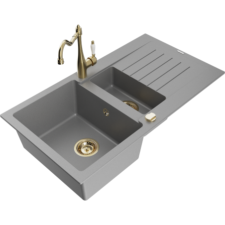 Mexen Matias granieten spoelbak 1,5-komorige met afdruiprek en keukenkraan Carla, grijs - 6502-71-670700-50