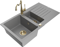 Mexen Matias granite sink 1.5-bowl with drainer and Carla kitchen tap, grey - 6502-71-670700-50