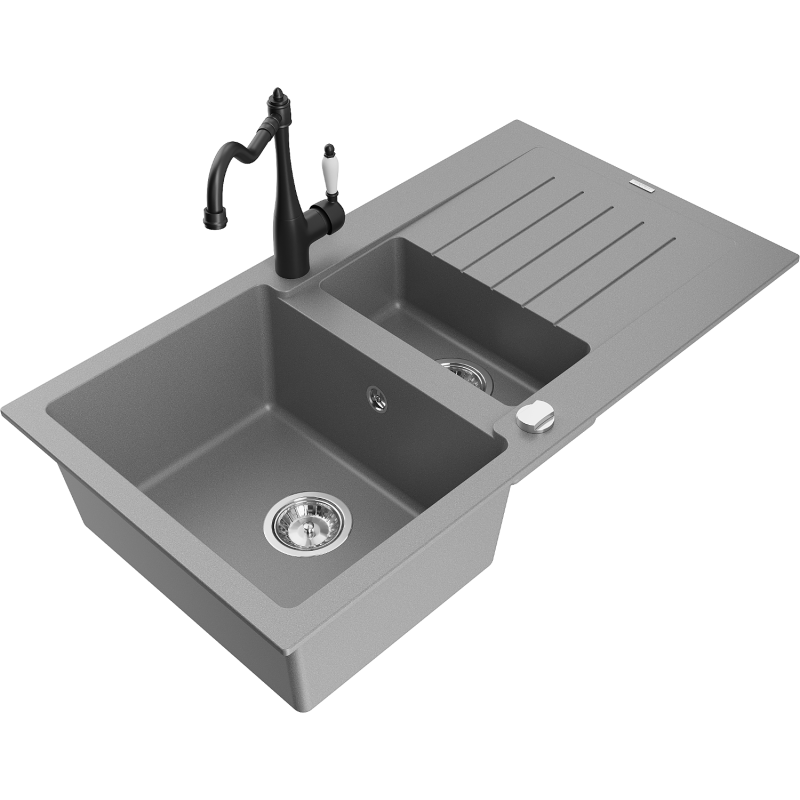 Mexen Matias fregadero de granito de 1,5 senos con escurridor y grifo de cocina Carla, gris - 6502-71-670700-70