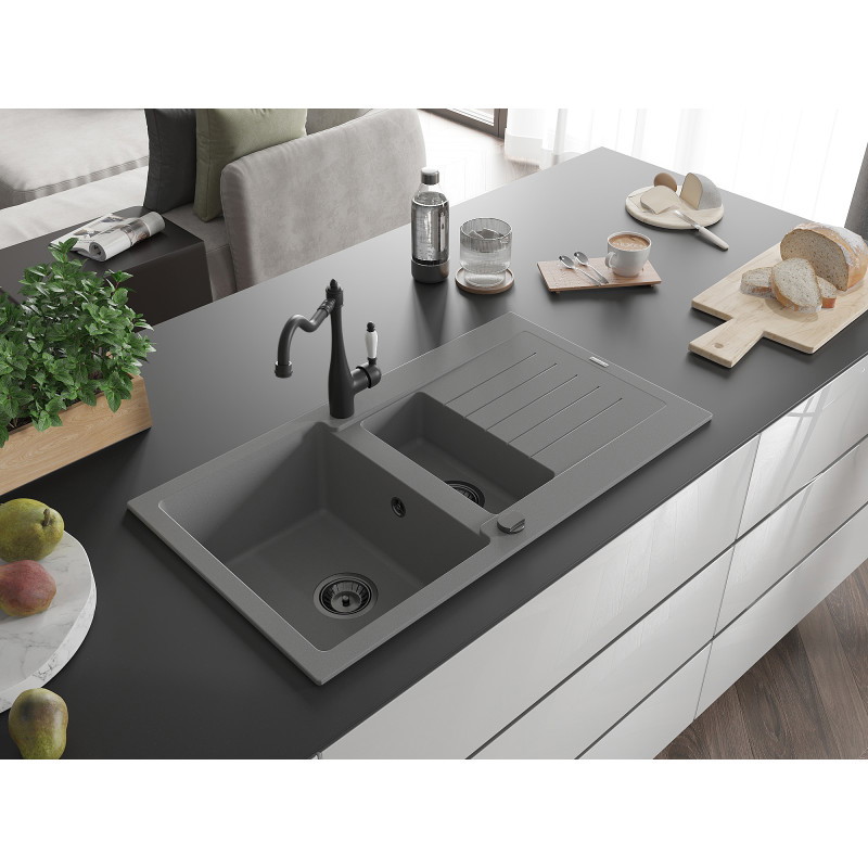 Mexen Matias granitische gootsteen 1,5-komorige met afdruiprek en keukenkraan Carla, grijs - 6502-71-670700-70-B