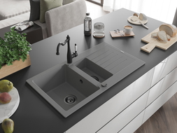 Mexen Matias granite sink 1.5-bowl with drainer and Carla kitchen tap, grey - 6502-71-670700-70-B