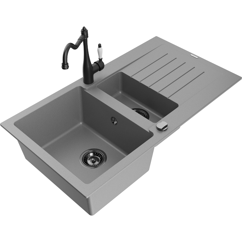 Mexen Matias fregadero de granito de 1,5 senos con escurridor y grifo de cocina Carla, gris - 6502-71-670700-70-B