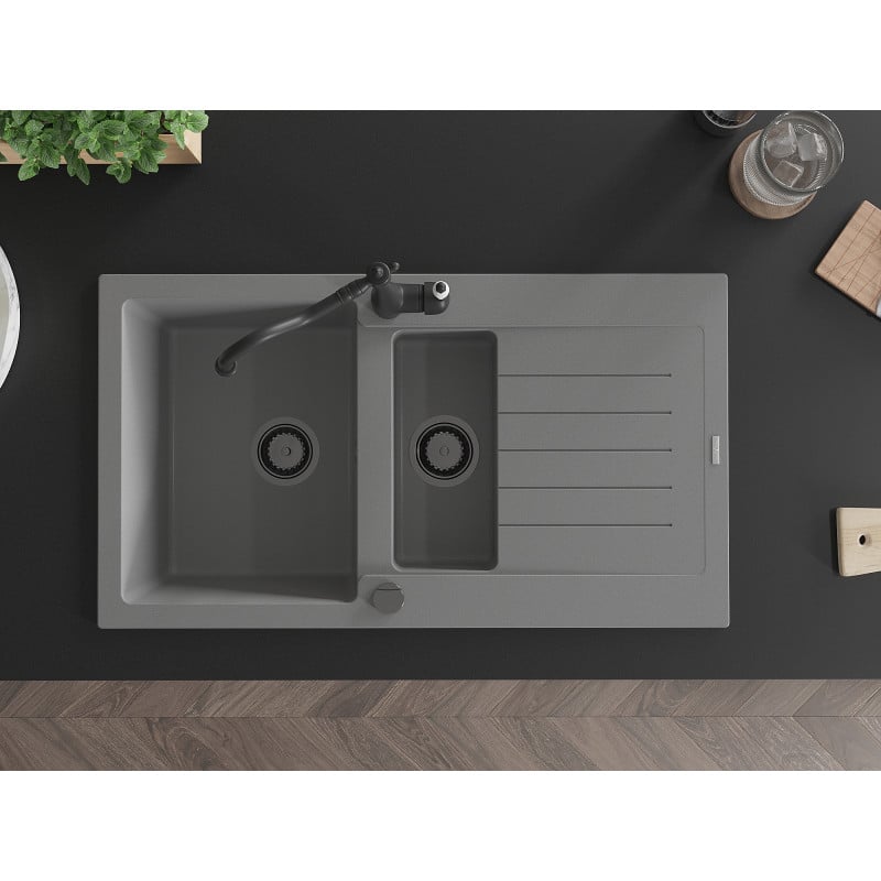 Mexen Matias fregadero de granito de 1,5 senos con escurridor y grifo de cocina Carla, gris - 6502-71-670700-70-B