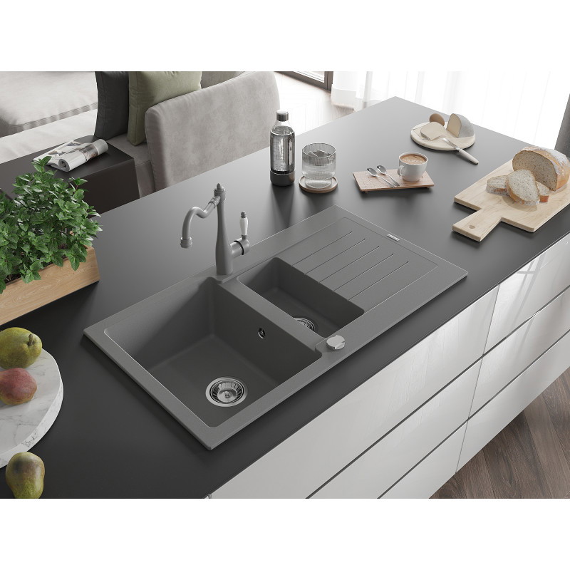 Mexen Matias fregadero de granito de 1,5 senos con escurridor y grifo de cocina Carla, gris - 6502-71-670700-71