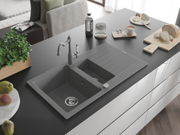 Mexen Matias 1.5-bowl granite kitchen sink with drainer and Carla mixer tap, grey - 6502-71-670700-71