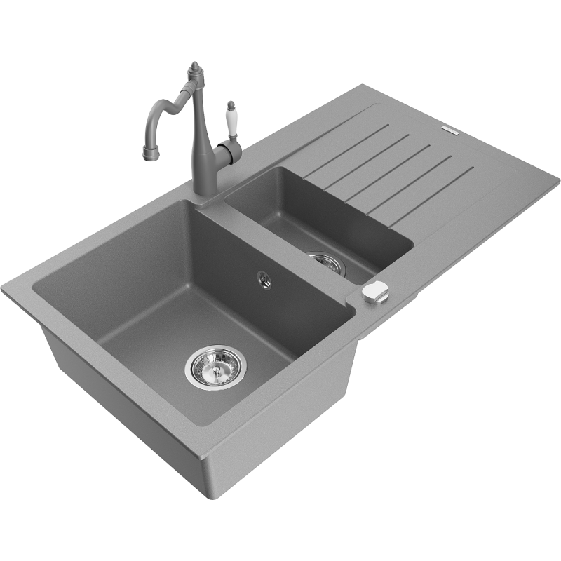 Mexen Matias fregadero de granito 1,5 senos con escurridor y grifo de cocina Carla, gris - 6502-71-670700-71