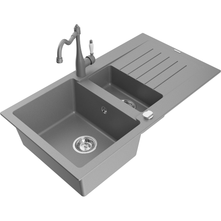 Mexen Matias 1.5-bowl Granite Sink with Drainer and Carla Kitchen Faucet, Gray - 6502-71-670700-71