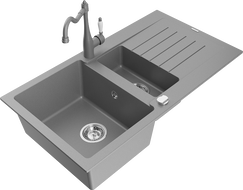 Mexen Matias 1.5-bowl granite kitchen sink with drainer and Carla mixer tap, grey - 6502-71-670700-71