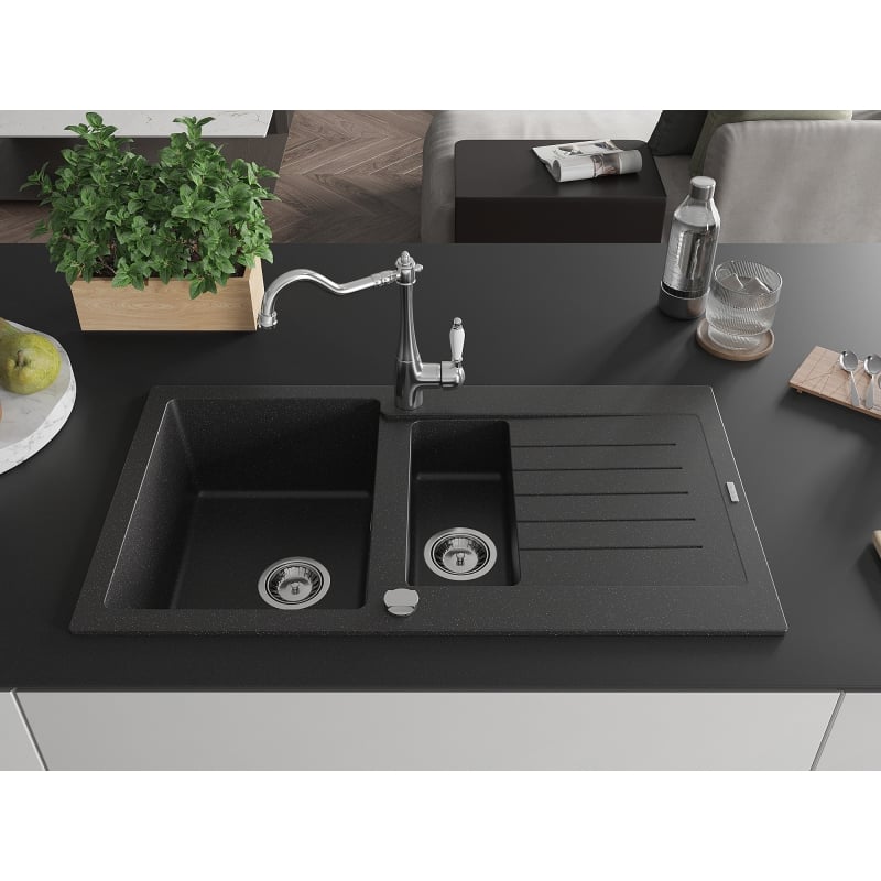 Mexen Matias 1.5-bowl granite sink with drainer and kitchen faucet Carla black/silver metallic - 6502-73-670700-00