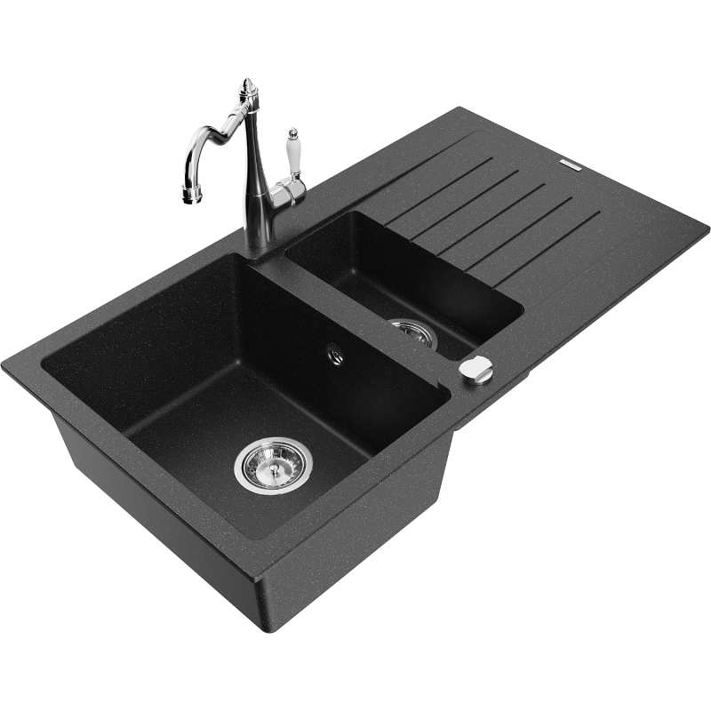 Mexen Matias fregadero de granito de 1,5 cubetas con escurridor y grifo de cocina Carla negro/plateado metálico
